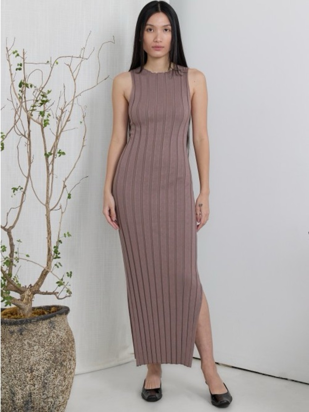 All:Row Sleeveless Ribbed Maxi Dress in Taupe